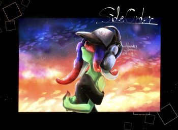1girl black_border black_shirt border colored_skin dated dedf1sh fish gradient_hair green_skin hat headphones highres long_hair multicolored_hair nintendo octoling off-shoulder_shirt off_shoulder purple_hair red_hair shirt signature solo splatoon_(series) splatoon_3 splatoon_3:_side_order square suction_cups tentacle_hair twitter_username upper_body wildcard1_4