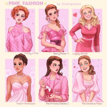 6+girls andie_walsh blazer blonde_hair breasts brown_hair cleavage coat commentary copyright_name dress earrings elle_woods english_commentary fashion freckles grin hair_bun harry_potter_(series) harry_potter_and_the_goblet_of_fire hermione_granger highres jacket jewelry legally_blonde liesl_von_trapp long_hair luztapiaart maid_in_manhattan marisa_ventura mia_thermopolis multiple_drawing_challenge multiple_girls necklace orange_hair pink_coat pink_dress pink_theme polka_dot pretty_in_pink ribbon short_hair side_ponytail single_hair_bun smile strapless strapless_dress the_princess_diaries the_sound_of_music wavy_hair wizarding_world