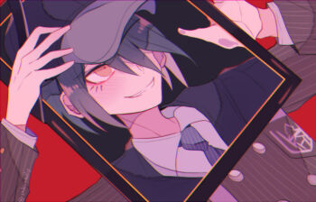 Rule 34 | 1boy, aegyo sal, baseball cap, black background, black hair, black hat, black jacket, blue necktie, blush, breast pocket, buttons, collared jacket, collared shirt, crazy, crazy smile, crest, danganronpa (series), danganronpa v3: killing harmony, double-breasted, dutch angle, grin, hair over one eye, hat, iei, jacket, lapels, layered sleeves, long eyelashes, long sleeves, looking ahead, necktie, official alternate costume, pinstripe jacket, pinstripe pattern, pocket, raised eyebrows, red background, revealing layer, saihara shuichi, sakura (fein5862817), school uniform, shirt, short hair, simple background, smile, solo, striped necktie, two-tone background, upper body, white shirt, yellow eyes