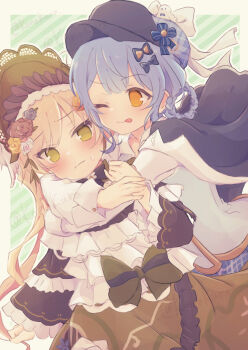 2girls :p bird_hat_ornament black_bow black_bowtie black_capelet black_flower black_hat black_rose blonde_hair blue_bow blue_hair blue_skirt blush bonnet bow bowtie braid braided_hair_rings brown_flower brown_rose capelet closed_mouth collared_shirt commentary_request commission cowboy_shot deerstalker detective double-parted_bangs dress dress_bow dutch_angle flower frilled_dress frills green_bonnet green_bow green_dress green_eyes hair_bow hair_flower hair_ornament hair_rings hands_up hat hat_bow highres hug hug_from_behind konoquro lolita_fashion long_hair long_sleeves looking_at_another looking_at_viewer mahou_shoujo_no_majo_saiban medium_hair multiple_girls one_eye_closed orange_eyes plaid_clothes plaid_hat plaid_skirt rose shirt skirt tachibana_sherry tongue tongue_out tono_hanna twitter_username watermark white_bow white_flower white_rose white_shirt yellow_flower yellow_rose