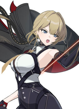 1girl arm_strap arm_up black_coat black_gloves black_pants blonde_hair blue_eyes breasts chest_harness coat coat_on_shoulders commentary_request cowboy_shot earrings elbow_gloves evelyn_chevalier gloves half_gloves harness high-waist_pants holding holding_knife jewelry kinokare knife large_breasts latex_pants leg_up long_ribbon looking_to_the_side mole mole_under_eye necktie open_mouth pants shirt simple_background single_elbow_glove single_half_glove sleeveless sleeveless_shirt solo string tight_clothes tight_pants white_background white_shirt yellow_necktie zenless_zone_zero