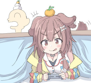 +++ 1girl :q animal_ears bare_shoulders blush bone_hair_ornament braid breasts brown_hair cartoon_bone cleavage closed_eyes closed_mouth commentary controller dog_ears dog_girl dog_tail dress food food_on_head fruit game_controller hair_ornament hair_over_shoulder highres holding hololive inugami_korone inugami_korone_(1st_costume) jacket kagami_mochi kotatsu listener_(inugami_korone) long_hair low_twintails mandarin_orange medium_breasts motion_lines object_on_head off_shoulder open_clothes open_jacket open_mouth red_eyes simple_background sleeveless sleeveless_dress table tail tongue tongue_out twin_braids twintails umberblack v-shaped_eyebrows white_background white_dress yellow_jacket