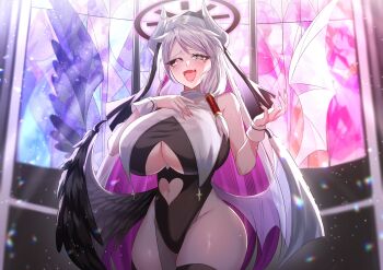 1girl :d absurdres asymmetrical_wings bare_arms black_halo black_leotard black_sclera black_veil blush breast_curtains breasts clothing_cutout colored_inner_hair colored_sclera commentary commission cowboy_shot curvy demon_girl demon_horns demon_wings double-parted_bangs english_commentary fang feathered_wings grey_eyes grey_hair halo hand_on_own_chest hands_up heart_cutout heterochromia highres horns huge_breasts indoors leotard long_hair looking_at_viewer mismatched_sclera mismatched_wings multicolored_hair nano_popo02 navel_cutout open_mouth original pink_eyes pink_hair skin_fang smile solo two-tone_hair underboob_cutout veil vgen_commission white_wrist_cuffs window wings wrist_cuffs