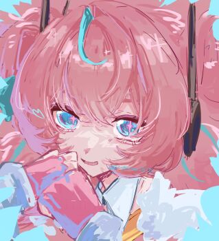 1girl aqua_hair aqua_streaks aria_(zenless_zone_zero) blue_background blue_eyes fingerless_gloves gloves hands_up hashtag-only_commentary heart highres looking_at_viewer multicolored_hair open_mouth pink_gloves pink_hair portrait solo sparkling_eyes streaked_hair twitter_username yutsutsu03225 zenless_zone_zero