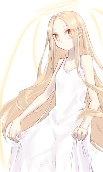 1girl angel_notes angel_wings bare_shoulders blonde_hair breasts commentary_request dress forehead halo long_hair looking_at_viewer parted_bangs small_breasts v/v white_dress wings yellow_eyes yubeshi_(zecxl)