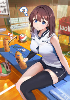 1girl ? absurdres ball black_thighhighs blue_eyes bottle breasts brown_hair commentary_request detached_sleeves highres looking_at_viewer medium_breasts original shirt short_hair shorts single_detached_sleeve single_thighhigh sitting sleeveless sleeveless_shirt solo thighhighs vegetablenabe volleyball_(object) water_bottle