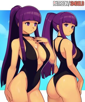 1girl absurdres ass black_choker black_one-piece_swimsuit blunt_bangs breasts choker cleavage collarbone competition_swimsuit fern_(sousou_no_frieren) high_ponytail highres large_breasts long_hair looking_at_viewer multiple_views one-piece_swimsuit plunging_neckline ponytail purple_eyes purple_hair smgold sousou_no_frieren swimsuit very_long_hair