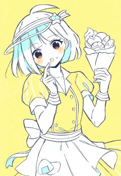 1girl :o ahoge apron atari_(cafe_heartthrob)_(puyopuyo) atari_(puyopuyo) back_bow bow buttons cowboy_shot double-breasted food food_on_face food_on_hand food_print head_tilt highres holding holding_food kaxxxxx_324 limited_palette looking_at_viewer onigiri_print open_mouth print_apron puffy_short_sleeves puffy_sleeves puyo_(puyopuyo) puyopuyo puyopuyo_quest red_eyes see-through_clothes see-through_headwear shirt shooting_star_hat_ornament short_hair short_sleeves skirt solo standing upper_body visor_cap waist_apron waitress wrist_cuffs yellow_background yellow_theme