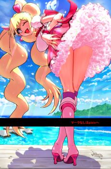 1girl aseawed2023 cure_peach fresh_precure! high_heels highres looking_at_viewer looking_back momozono_love one_eye_closed open_mouth precure smile tagme wink