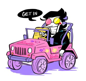 Rule 34 | 1boy, barbie (franchise), black hair, black jacket, colliholly, commentary, deltarune, english commentary, heterochromatic eyewear, jacket, male focus, motor vehicle, puppet, shadow, simple background, smile, solo, spamton g. spamton, speech bubble, steering wheel, teeth, tinted eyewear, utdr (toby fox), white background