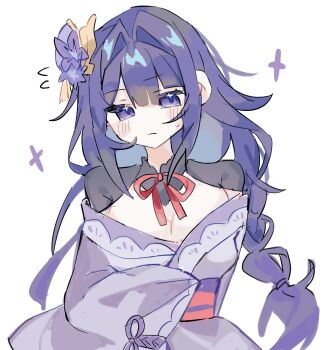 Rule 34 | 1girl, blush, braid, breasts, bridal gauntlets, cleavage, commentary request, fan hair ornament, genshin impact, hair between eyes, highres, japanese clothes, kimono, long braid, long hair, low-braided long hair, low-tied long hair, mitsudomoe (shape), mole, mole under eye, nagatekkou, obiage, obijime, purple eyes, purple hair, purple kimono, purple nails, raiden shogun, solo, tokumeikujira, tomoe (symbol)