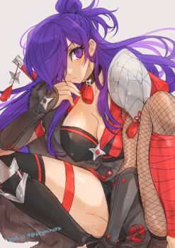 1girl black_choker black_shorts breasts bryminoru choker cleavage closed_mouth commentary_request covered_erect_nipples female_shez_(covert_mercenary)_(fire_emblem) female_shez_(fire_emblem) fire_emblem fire_emblem:_three_houses fire_emblem_heroes fire_emblem_warriors:_three_hopes fishnet_pantyhose fishnets hair_bun hair_over_one_eye large_breasts looking_at_viewer ninja nintendo official_alternate_costume one_eye_covered pantyhose purple_eyes purple_hair shorts simple_background single_hair_bun single_leg_pantyhose solo white_background