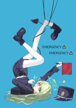 1girl absurdres armband black_tail blowing_whistle blue_archive blue_armband blue_background blue_hat blue_jacket blue_shoes blue_skirt commentary demon_tail english_text flag gloves green_hair halo hat highres hikari_(blue_archive) holding holding_flag holding_whistle jacket kiroshi korean_commentary legs_up long_hair long_sleeves looking_at_viewer lying on_back pantyhose pointy_ears shoe_dangle shoes simple_background skirt solo tail unworn_headwear whistle white_gloves white_pantyhose yellow_eyes