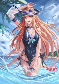 1girl absurdres alternate_costume arknights arms_up bagpipe_(arknights) beach bikini bird black_bikini black_one-piece_swimsuit blue_sky breasts chinese_commentary cloud cloudy_sky collarbone commentary_request cowboy_shot day detached_sleeves dragon_horns earrings eyewear_on_head garter_straps highres horns innertube jewelry jiang_wu_(user_wewj7328) long_hair looking_at_viewer medium_breasts necklace ocean one-piece_swimsuit open_mouth orange_hair outdoors purple_eyes seagull side-tie_bikini_bottom single_detached_sleeve single_garter_strap sky smile solo standing sunglasses swim_ring swimsuit teeth upper_teeth_only visor_cap wading white_bikini