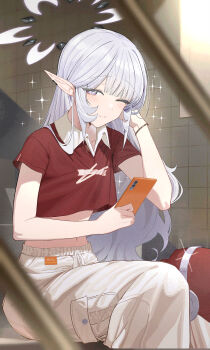 1girl ;) absurdres alternate_costume blue_archive blurry blurry_foreground blush casual cellphone collar collarbone collared_shirt commentary contrast_collar cropped_shirt depth_of_field grey_eyes grey_hair halo hand_in_own_hair highres himari_(blue_archive) holding holding_phone indoors long_hair looking_at_viewer midriff navel one_eye_closed pants phone pointy_ears red_shirt shirt short_sleeves sitting sitting_on_stairs smartphone smile solo stairs tile_wall tiles very_long_hair white_collar white_pants zanya_000