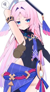 1girl armpits blue_eyes blush breasts citlali_(genshin_impact) genshin_impact hair_ornament heattech_leotard koori leotard looking_at_viewer pink_hair sideboob thighs turtleneck white_background