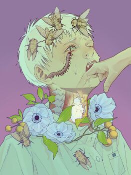 1boy amo1579571 animal_on_face aqua_eyes bug centipede chinese_commentary cicada collared_shirt commentary_request drooling eyelashes finger_in_another&#039;s_mouth fingernails flower_request highres hikaru_ga_shinda_natsu indou_hikaru insect light_blush looking_up one_eye_closed purple_background shirt short_hair simple_background snot solo_focus spinal_cord sweat tears throat upper_body white_hair white_shirt x-ray
