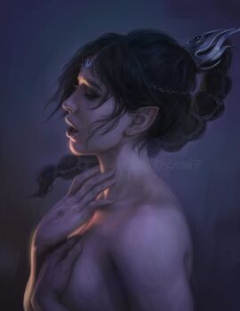 Rule 34 | 1girl, absurdres, baldur's gate, baldur's gate 3, black hair, braid, chain, chain hairband, covering breasts, covering privates, dungeons & dragons, dungeons &amp; dragons, elf, feyspeaker, highres, nude, pointy ears, profile, realistic, scar, scar on hand, shadowheart (baldur's gate), single braid, solo, upper body