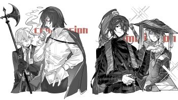 2boys 2girls arm_wrap belt closed_mouth coat collared_shirt commentary_request commission faust_(project_moon) gloves greyscale halberd hat heishou_pack-mao_branch_(identity)_(project_moon) high_ponytail hong_lu_(project_moon) hongyuan_(identity)_(project_moon) id_card lapels limbus_company long_hair long_sleeves monochrome multiple_boys multiple_girls necktie notched_lapels polearm ponytail project_moon ryoshu_(project_moon) shirt short_hair sinclair_(project_moon) smoke smoking sparkle spot_color very_long_hair weapon wrong5166