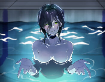 1girl absurdres black_choker black_hair breasts chainsaw_man choker closed_mouth green_eyes grenade_pin highres jyc061010_v light_smile looking_at_viewer medium_hair nude partially_submerged pool reze_(chainsaw_man) small_breasts solo water wet wet_hair