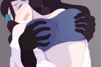 1girl 1other bare_shoulders black_hair blush bra breasts candice_(pokemon) embarrassed feitonokesin grabbing_another's_breast grey_background groping large_breasts multi-tied_hair nintendo open_clothes open_shirt pokemon pokemon_dppt underwear