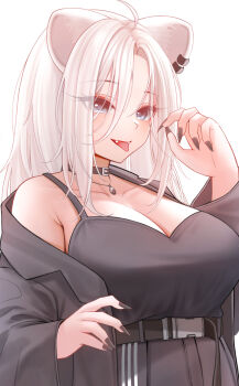 1girl absurdres ahoge alternate_costume black_choker black_jacket black_nails black_pants black_shirt breasts choker cleavage fang grey_eyes grey_hair highres hololive jacket large_breasts long_hair looking_at_viewer nail_polish open_mouth pants ruo1001 shirt shishiro_botan smile solo tongue tongue_out virtual_youtuber white_background