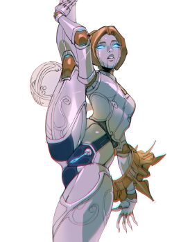 1girl absurdres blonde_hair highres holding_own_leg humanoid_robot league_of_legends leg_up looking_at_viewer looking_down nude open_mouth orianna_(league_of_legends) pussy robot robot_girl simple_background solo split standing standing_on_one_leg standing_split treslech3s white_background