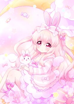 1girl :o animal animal_ears blonde_hair blush bow breasts candy chiika_(cure_cherish) double_bun food hair_bun highres holding holding_animal holding_rabbit leg_ribbon medium_breasts open_mouth original pink_bow pink_eyes pink_sweater rabbit rabbit_ears ribbon sitting star_(symbol) sweater tareme wings yume_kawaii