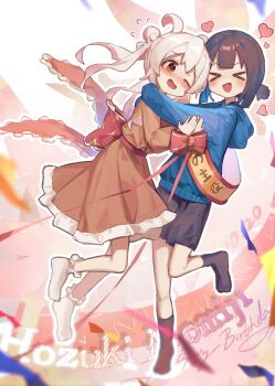 &gt;_&lt; 2girls :d ;d absurdres ahoge ap04astral bare_legs black_shorts black_socks blue_hair blue_hoodie blush brown_dress brown_hair character_name commentary double_bun dress flying_sweatdrops full_body hair_bun heart highres hood hood_down hoodie hozuki_momiji hug long_hair long_sleeves multicolored_hair multiple_girls nose_blush one_eye_closed onii-chan_wa_oshimai! open_mouth orange_eyes oyama_mahiro ponytail short_hair short_ponytail shorts smile socks twintails two-tone_hair white_socks xd