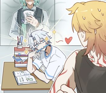 Rule 34 | 2boys, alternate costume, anger vein, antenna hair, aqua hair, arm tattoo, black vest, blonde hair, blue eyes, chinese commentary, collared shirt, commentary request, crew neck, desk, facial tattoo, gradient hair, hair over shoulder, highres, holding, holding notebook, honkai: star rail, honkai (series), huohuli548, long hair, looking at another, low ponytail, male focus, medium hair, mouth hold, multicolored hair, multiple boys, mydei (honkai: star rail), neck tattoo, nervous sweating, notebook, parted bangs, phainon (honkai: star rail), ponytail, red hair, red tattoo, school desk, shirt, short hair, short sleeves, sweat, tattoo, vest, white hair, white shirt, yaoi