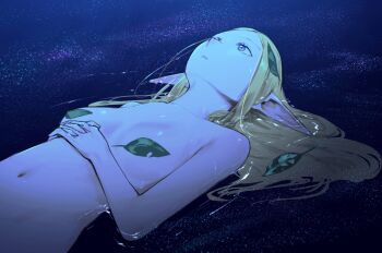 1girl blonde_hair blue_eyes breasts convenient_censoring cowboy_shot elf hair_spread_out hand_on_own_stomach inonice01 leaf leaf_on_head long_hair long_pointy_ears looking_afar lying on_back original partially_submerged pointy_ears shallow_water small_breasts solo water