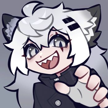 1girl animal_ears animated animated_gif arknights black_jacket closed_mouth dot_mouth fingerless_gloves gloves grey_background grey_eyes grey_gloves grey_hair hair_between_eyes jacket lappland_(arknights) long_hair looking_at_viewer looping_animation open_mouth scar scar_across_eye scar_on_face shaded_face sharktuna sharp_teeth solo teeth very_long_hair