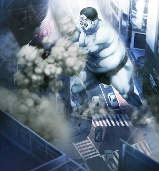 Rule 34 | 1boy, building, chaos;child, city, cityscape, cloud, crushing, day, fat, fat man, game cg, giant, highres, motor vehicle, non-web source, official art, outdoors, sasaki mutsumi, scenery, science adventure, shibuya 109, sky, sumo, sumo sticker (chaos;child)