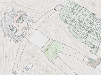 bag boots bottle brown_boots exhausted grass green_bag green_eyes green_shorts grey_hair lying mentha_(menthalovely) mint_(menthalovely) on_floor open_mouth original outdoors outstretched_arms shaded_face shirt short_hair shorts socks spread_arms sweat water_bottle white_shirt white_socks