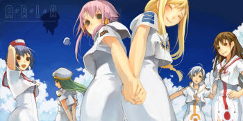 6+girls aika_granzchesta akira_ferrari alice_carroll alicia_florence aria_(manga) arm_up arms_behind_back athena_glory beret blonde_hair blue_bow blue_bowtie blue_hair blue_sky blush bow bowtie breasts brown_eyes brown_hair closed_mouth cloud cloudy_sky cowboy_shot dress earrings eyelashes floating_island from_behind from_side gold_trim green_eyes green_hair grey_hair hair_tubes hand_on_own_hip hat impossible_clothes impossible_dress jewelry logo long_hair looking_at_viewer mizunashi_akari mmlu_(honwa_karesu) multiple_girls open_mouth outdoors pink_hair sailor_collar short_hair short_hair_with_long_locks short_sleeves side_slit sidelocks sky small_breasts white_dress white_hat