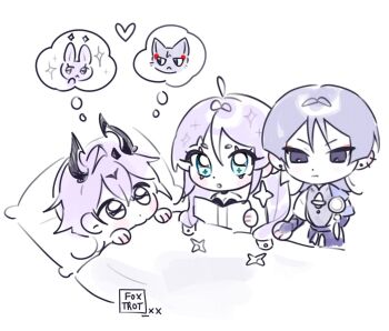 1girl 2boys ahoge aqua_eyes armor artist_name bare_shoulders black_horns blue_cape blunt_ends blush_stickers bodysuit book breasts bridal_gauntlets cape circle_hands cleavage commentary crossed_bangs dragon_boy dragon_horns durin_(genshin_impact) ear_piercing earrings english_commentary eyelashes eyeliner facial_mark family feathers forehead_mark foxtrot_(foxtrot_xx) genshin_impact googly_eyes grey_bodysuit hair_between_eyes hair_intakes head_on_pillow heart highres holding holding_book horns japanese_armor japanese_clothes jewelry kimono kote long_hair looking_at_another makeup mona_(genshin_impact) multiple_boys on_bed open_clothes open_kimono open_mouth piercing pillow pom_pom_(clothes) ponytail_holder purple_eyes purple_hair purple_shorts rabbit red_eyeliner scaramouche_(cat)_(genshin_impact) scaramouche_(genshin_impact) short_sleeves shorts sidelocks speech_bubble spoken_animal star_(symbol) star_earrings tsurime twintails under_covers vision_(genshin_impact) wanderer_(genshin_impact) water watermark white_eyes