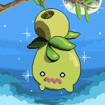 blue_sky cloud highres leaf looking_at_viewer moon nintendo no_humans open_mouth pixel_art pokemon pokemon_(creature) sky smoliv solo warntv