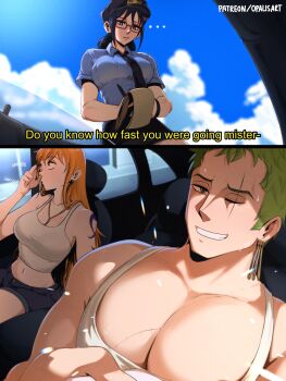 1boy 2girls blue_hair blue_shorts breasts car_interior cloud day denim denim_shorts earrings gold_earrings green_hair highres jewelry large_breasts large_pectorals midriff multiple_girls nami_(one_piece) navel necklace one_eye_closed one_piece opalis orange_hair pectoral_cleavage pectorals police police_uniform policewoman roronoa_zoro scar scar_across_eye scar_on_face shorts sitting sky sun tank_top tashigi white_tank_top