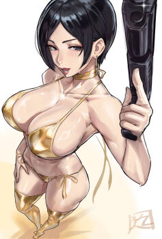 1girl absurdres ada_wong bikini black_hair blue_eyes blush boots breasts cleavage colorized earrings full_body gold_bikini gold_choker gold_earrings gold_ribbon gold_thighhighs gun hand_on_own_thigh handgun highres jewelry juaag_acgy large_breasts long_ribbon looking_at_viewer open_mouth pistol resident_evil resident_evil_2 ribbon ribbon_trim shiny_skin short_hair simple_background solo standing sweat swimsuit teeth thick_thighs thigh_boots thighs visible_ears weapon white_background