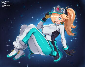1girl ass blonde_hair blue_eyes breasts clothes_around_waist crown_hat earrings gloves hair_over_one_eye hat jacket jacket_around_waist jarckius jewelry long_hair mario_(series) mario_kart mario_kart_world nintendo ponytail racing_suit rosalina rosalina_(pro_racer) shirt smile solo star_(sky) star_(symbol) star_earrings starry_sky_background tight_clothes tight_shirt