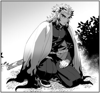 Rule 34 | 1boy, belt, black border, border, buttons, cape, closed mouth, colored tips, commentary request, demon slayer uniform, flame print, forked eyebrows, full body, greyscale, hashimoto (yanagi-momo), jacket, japanese clothes, katana, kimetsu no yaiba, leaf, long hair, long sleeves, looking down, looking to the side, male focus, monochrome, multicolored hair, on one knee, outdoors, outside border, pants, plant, rengoku kyoujurou, sandals, sheath, sheathed, solo, streaked hair, sword, tabi, thick eyebrows, two-tone hair, weapon, white border