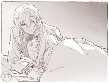 Rule 34 | 2boys, :d, aged down, bed sheet, border, braid, braided ponytail, chaldea logo, chaldea staff uniform, closed mouth, coat, commentary request, eye contact, fate/grand order, fate (series), hair between eyes, hand on another's head, headpat, holding hands, kirschtaria wodime, long hair, long sleeves, looking at another, m-tobiei, male focus, marisbury animusphere, monochrome, multiple boys, open mouth, outside border, parted bangs, sepia, shirt, single braid, smile, twitter username, under covers