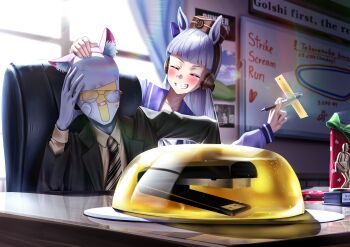 1boy 1girl absurdres animal_ears black_jacket blunt_bangs blush bow brown_hat chair closed_eyes collared_shirt desk ear_bow fake_animal_ears food gelatin glasses gold_ship_(umamusume) grey_hair grin hat headband highres holding holding_pen horse_ears horse_girl jacket long_hair long_sleeves manjo_(warito) necktie office_chair open_mouth parody pen pillbox_hat prank purple_sailor_collar purple_shirt ruler sailor_collar sailor_shirt school_uniform shirt smile stapler statue swivel_chair t-head_trainer_(umamusume) teeth the_office tracen_school_uniform trainer_(umamusume) umamusume whiteboard window