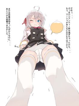 1girl ahoge alisa_mikhailovna_kujou artist_request blue_eyes blush closed_mouth feet_out_of_frame female_focus from_below grey_hair hair_between_eyes have_to_pee highres miniskirt one_eye_closed panties school_uniform skirt solo standing tears thighhighs tokidoki_bosotto_roshia-go_de_dereru_tonari_no_alya-san translation_request trembling underwear urine_meter white_background white_panties white_thighhighs