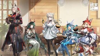 Rule 34 | 1boy, 1girl, 4girls, animal ear fluff, animal ears, arknights, arknights: endfield, bare shoulders, belt, bird boy, bird ears, bird girl, black coat, black gloves, black pantyhose, blonde hair, blue hair, blunt bangs, bodysuit, cape, closed mouth, coat, copyright logo, copyright notice, covered horns, demon girl, demon horns, dragon girl, dragon horns, dress, eastern dragon horns, fingerless gloves, gloves, gradient pants, green eyes, green hair, green pants, grey hair, hellagur (arknights), high-waist belt, highres, hood, hooded cape, horns, indoors, jacket, last rite (arknights), logo, long hair, long sidelocks, looking at viewer, low-tied sidelocks, mokuroh, multicolored gloves, multicolored hair, multiple girls, off shoulder, official art, open mouth, pants, pantyhose, perlica (arknights), pogranichnik (arknights), pointy ears, red cape, red eyes, red hair, red horns, rossi (arknights), sidelocks, sitting, sleeveless, sleeveless dress, smile, tail, two-sided gloves, two-tone gloves, white dress, white jacket, wolf ears, wolf girl, wolf tail, yellow eyes, yellow gloves, zhuang fangyi (arknights)