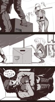 Rule 34 | 1girl, 2boys, ?, bodysuit, boots, box, cardboard box, cigarette, crossover, curled up, death stranding, delivery, english text, highres, in mouth, konami, lem, looking down, lying, metal gear (series), metal gear solid, metroid, military, military uniform, monochrome, multiple boys, nintendo, samus aran, shaded face, smoking, solid snake, super smash bros., zero suit