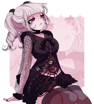 1girl absurdres android blunt_bangs bow cable commission cross dreamalgia drill_hair eyelashes highres lace lace_sleeves lips long_hair original see-through_clothes see-through_sleeves shirt sitting skirt solo thighhighs twin_drills twintails white_hair zoom_layer