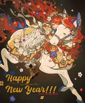 1girl 2026 :d ^_^ absurdres apron black_background black_pantyhose bloomers bonnet boots brown_bonnet brown_boots chinese_zodiac closed_eyes commentary dress english_commentary flower frilled_apron frilled_dress frills full_body happy_new_year highres horse horseback_riding im_honeybread lace-up_boots long_hair new_year open_mouth original pantyhose red_hair revision riding short_sleeves smile solo striped_clothes striped_dress twitter_username underwear vertical-striped_clothes vertical-striped_dress white_apron white_bloomers white_flower year_of_the_horse yellow_dress