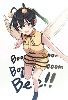 1girl antennae bee_costume bee_wings black_hair black_skirt blush commentary_request english_text fake_antennae fake_wings flower_music_live_boooooom_boooooom_bee!! gradient_hair green_eyes green_hair highres honeycomb_(object) insect_wings love_live! love_live!_nijigasaki_high_school_idol_club multicolored_hair open_mouth ribbon shirt shoes skirt sleeveless smile solo striped_clothes striped_skirt takasaki_yu tata_(tataice) wings yellow_ribbon yellow_shirt yellow_skirt