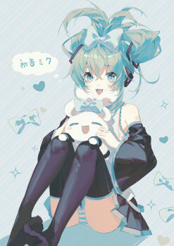 1girl :3 absurdres aqua_bow aqua_eyes aqua_hair aqua_theme arm_tattoo ass black_boots black_skirt boots bow character_name cinnamiku cinnamoroll collared_shirt commentary_request fang full_body fuwa_fuwa_cinnamoroll hair_between_eyes hair_bow hatsune_miku heart highres kiduki long_hair miniskirt number_tattoo open_mouth panties pantyshot pleated_skirt sanrio shirt sitting skirt sleeveless sleeveless_shirt striped_background striped_clothes striped_panties tattoo thigh_boots tongue underwear updo vocaloid white_shirt